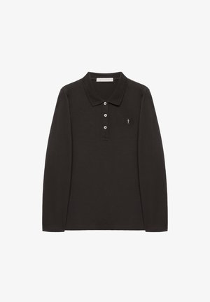 Sort langærmet poloshirt med tre hvide knapper og et lille broderet logo på venstre bryst.
