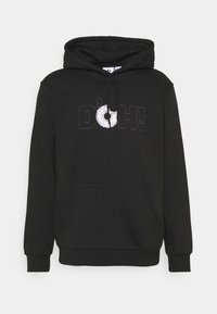 Černá mikina s kapucí a přední kapsou. Obsahuje text "D'OH!" a grafiku koblihy v bílé a pastelových barvách. Měkká, bavlněná směsová tkanina.