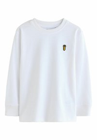 Weißes langärmliges T-Shirt mit geripptem Ausschnitt und Bündchen, das auf der Brust eine kleine gelb-schwarze Hummerstickerei aufweist.