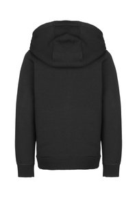 Zwarte hoodie met een ruime capuchon, lange mouwen en geribbelde boorden. Gemaakt van een zachte stof, met een effen kleur en nette stiksels.