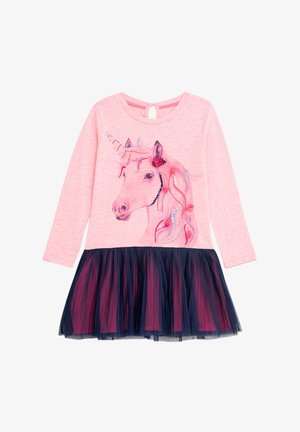 Rosafarbenes langärmeliges Kleid mit Einhorn-Grafik und Verzierungen, mehrlagigem Marineblauem Tüllrock und Rückenschlitz-Detail.