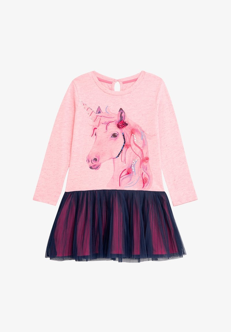 Robe rose à manches longues avec un motif de licorne orné de décorations, jupe superposée en tulle bleu marine et détail en trou de serrure dans le dos.