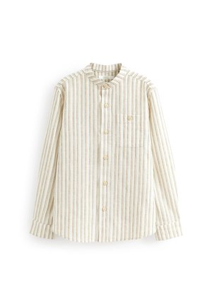 Chemise crème à manches longues avec des rayures verticales marron, col mandarin, devant boutonné et une poche poitrine boutonnée.