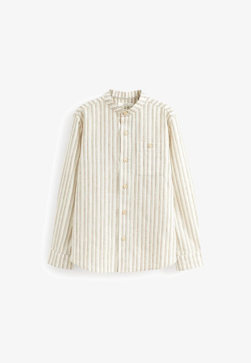 Chemise crème à manches longues avec des rayures verticales marron, col mandarin, devant boutonné et une poche poitrine boutonnée.