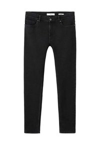 Vaqueros pitillo negros hechos de mezclilla, con un diseño estándar de cinco bolsillos, cierre de cremallera y botón metálico. Textura suave con costuras mínimas.