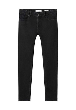 Jean skinny noir en denim, avec un design classique à cinq poches, une braguette zippée et une fermeture à bouton métallique. Texture lisse avec des coutures minimales.