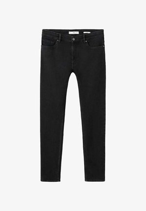 Jean skinny noir en denim, avec un design classique à cinq poches, une braguette zippée et une fermeture à bouton métallique. Texture lisse avec des coutures minimales.