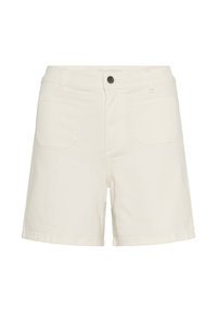 Shorts décontractés de couleur écrue avec poches avant, passants pour ceinture et une unique fermeture par bouton noir à la taille.
