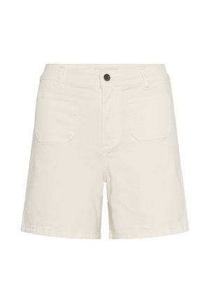 Shorts décontractés de couleur écrue avec poches avant, passants pour ceinture et une unique fermeture par bouton noir à la taille.
