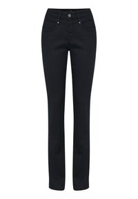 Jeans de mezclilla negros con corte recto, cintura media, bolsillos frontales y detalles de costura sutiles. Textura suave, diseño clásico.