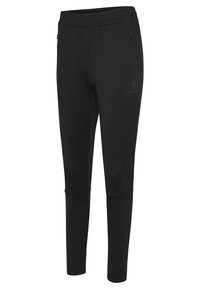 Czarne, zwężane spodnie sportowe z elastycznym pasem, kieszenią zapinaną na zamek z boku oraz subtelnym logo na górnej części uda.