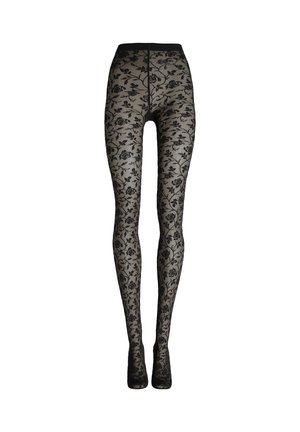 Svarta strumpbyxor med blommönster i genomskinligt tyg. Har en hög midjeresår och ett mönster med rosor och blad över hela.