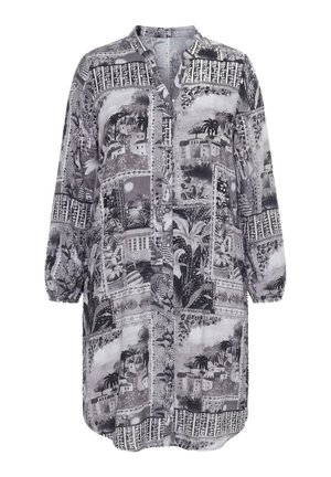 Tunikašaty s dlouhým rukávem na knoflíky s černo-bílým městským a květinovým potiskem, s mandlovým límcem a elastickými manžetami.