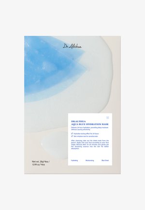 Emballage du masque hydratant Dr. Althea Aqua Blue avec textures de gel bleu et de crème blanche, mettant en avant une hydratation de 24 heures et des caractéristiques testées pour la sensibilité.