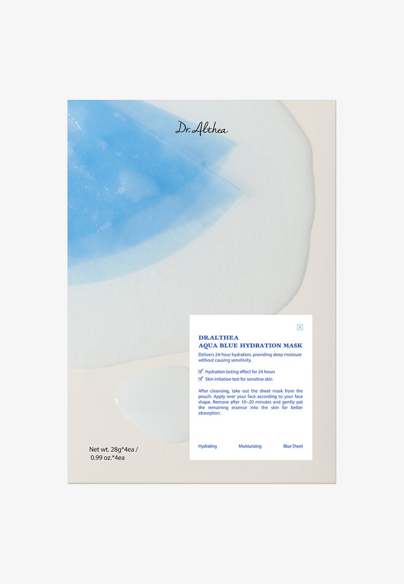 Emballage du masque hydratant Dr. Althea Aqua Blue avec textures de gel bleu et de crème blanche, mettant en avant une hydratation de 24 heures et des caractéristiques testées pour la sensibilité.