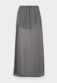 Γκρι μακρύ φόρεμα με ελαστική μέση, κατασκευασμένο από ελαφρύ, διαφανές ύφασμα. Διαθέτει ομαλή υφή και σχέδιο μήκους μέχρι το πάτωμα.