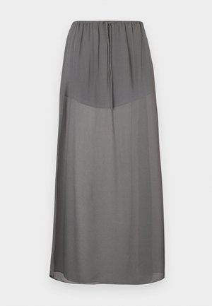Gonna lunga grigia con vita elasticizzata, realizzata in tessuto leggero e trasparente. Presenta una texture liscia e un design fino a terra.