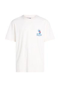 White cotton t-shirt with short sleeves, featuring a blue and red graphic can design and "Tommy Jeans" text on the left chest area.