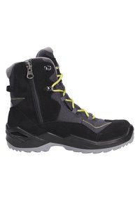 Zwarte en grijze wandelschoen met een gestructureerde bovenlaag, gele veters en ritssluiting aan de zijkant. Beschikt over een robuuste zool voor grip.