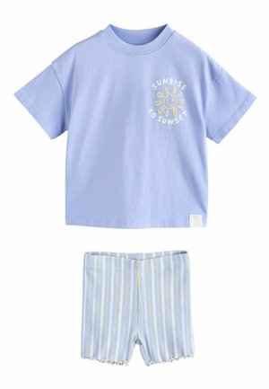 Light purple short-sleeve T-shirt with a sun graphic and "Sunrise to Sunset" text paired with blue, white, and yellow striped ribbed shorts.