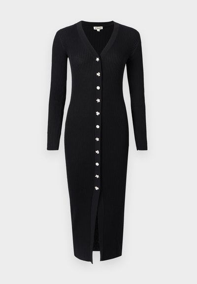 Must mustriba kootud kleit sügava V-kaelusega, pikkade varrukatega, ees nuppudega kinnitamine lilledega aktsentide ja hemmi lõhiku dünaamilise detailiga.