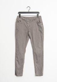 Pantalons en coton gris mélangé au design ajusté, fermeture à cinq boutons, poches latérales et discrètes coutures en diagonale.