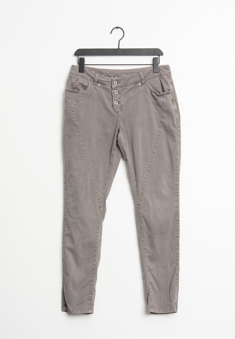Pantalons en coton gris mélangé au design ajusté, fermeture à cinq boutons, poches latérales et discrètes coutures en diagonale.