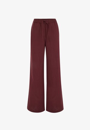Pantalon large bordeaux avec ceinture élastique et cordon de serrage ajustable, offrant une coupe décontractée et un tissu doux.