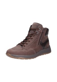 Bruine suède high-top sneakers met veters en ritssluiting, contrasterende donkere accenten, stikseldetails en een gestructureerde rubberen zool.