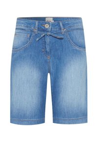 Shorts en denim de couleur bleu clair avec une texture lisse, comportant cinq poches, une fermeture à bouton et un cordon décoratif à la taille.