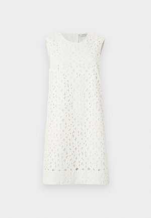 Sleeveless white knee-length dress with geometric cut-out pattern and round neckline on a plain light background.