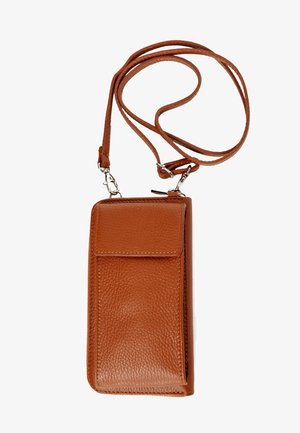 Brown leather crossbody phone bag with a textured finish, rectangular shape, flap closure, and detachable strap. Silver hardware accents.