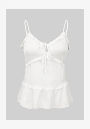 Valkoinen hihaton toppi, jossa on röyhelöillä koristellut olkaimet ja solmittava etuosuus. Ominaisuuksiin kuuluvat liehukehelma, jossa on röyhelöyksityiskohtia, sekä teksturoitu kangas.