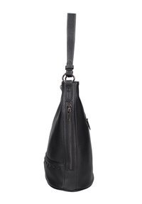 Borsa in pelle nera con superficie strutturata, forma conica, chiusura con cerniera superiore, tasca laterale e borchie decorative lungo la base. Tracolla regolabile.