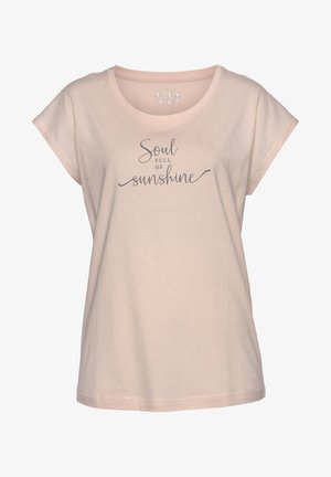 Light pink short-sleeve T-shirt made of soft cotton, featuring a rounded neckline and gray text that reads "Soul Full of Sunshine."