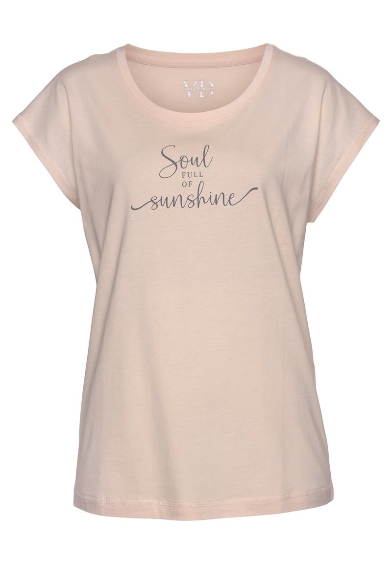 Ljust rosa kortärmad T-shirt i mjuk bomull, med rundad halsringning och grå text som lyder "Själ full av solsken."