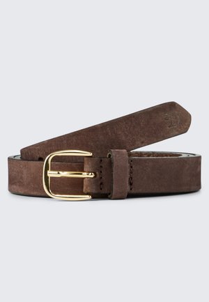 Brown suede belt with a gold metal buckle, smooth texture, stitched edges, featuring a branded end with a rounded tip.