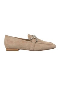 Beige Wildleder Slipper mit niedrigem Absatz, die mit einem dekorativen Cluster von Steinen auf der Vorderseite und einer gestickten Details entlang der Seiten versehen sind.