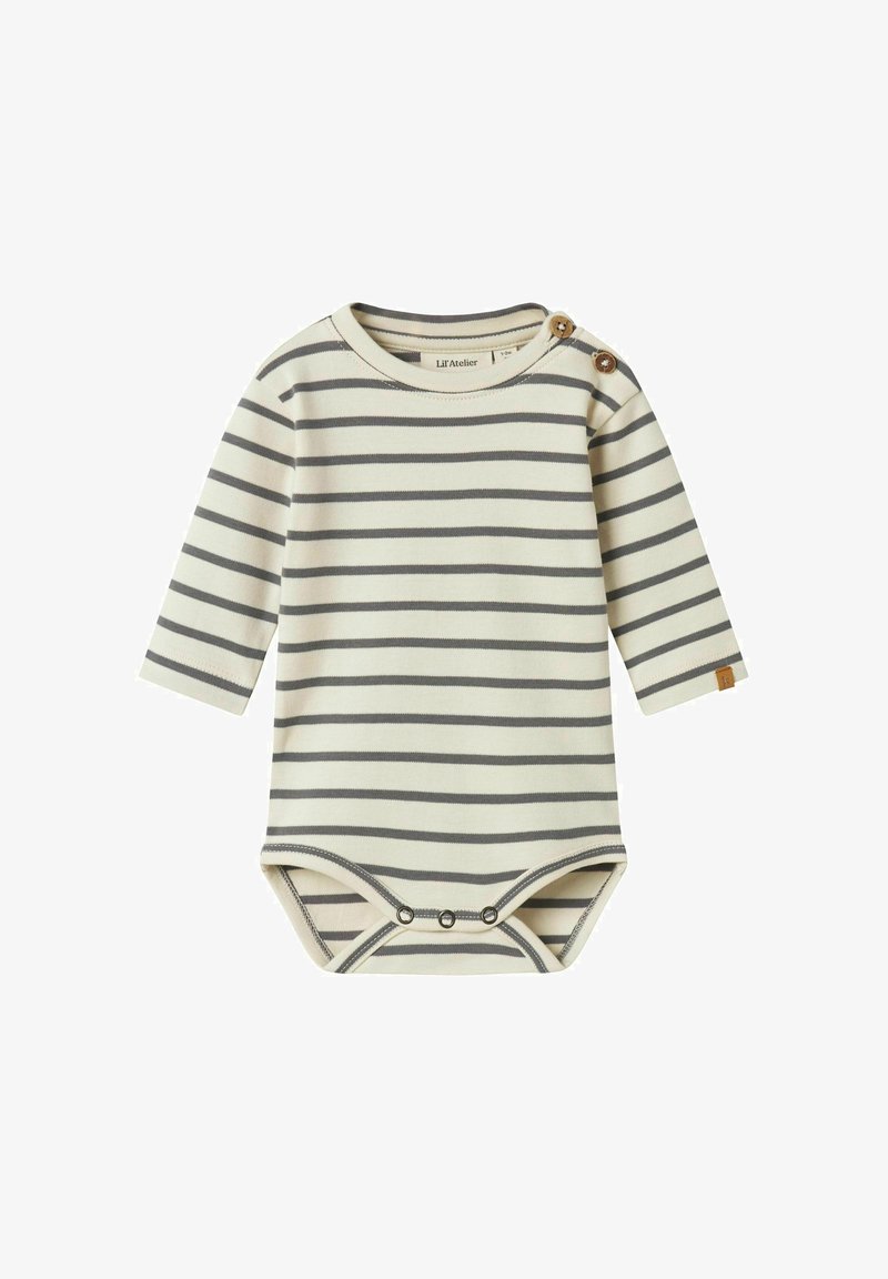 Svītrainais mazuļa bodijs krēmkrāsā un pelēkā tonī, ar garām piedurknēm, apaļu kaklu, poga detaļu plecā un snap slēgšanu apakšā.