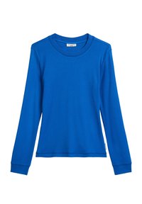 Blaues langärmeliges Shirt aus einem gerippten Stoff, mit rundem Ausschnitt und enganliegenden Bündchen. Glatte Textur ohne sichtbare Muster oder Grafiken.