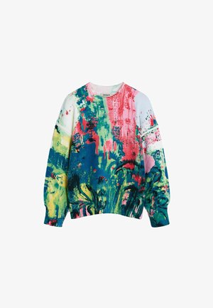 Viacfarebný sveter s abstraktnými vzormi v zelenej, ružovej, modrej a bielej farbe. Okrúhly výstrih, dlhé rukávy, textúrovaná pletená tkanina.