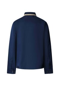 Ciemnoniebieska długa kurtka z długimi rękawami, mankietami zapinanymi na guziki oraz jasnobeżową lamówką na tylnym kołnierzu, widziana od tyłu.