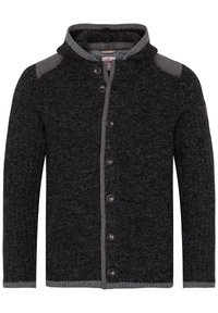 Dunkelgraue Strickjacke mit strukturiertem Finish, ausgestattet mit einem hohen Kragen, grauen Akzenten an den Schultern und Knöpfen, die entlang der Vorderseite verlaufen.