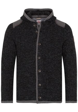 Donkergrijze gebreide cardigan met een textuurafwerking, voorzien van een hoge kraag, grijze accenten op de schouders en knopen die over de voorkant lopen.