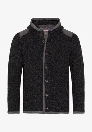 Cardigan tricoté gris foncé avec une finition texturée, présentant un col montant, des accents gris sur les épaules et des boutons le long du devant.