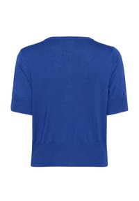 Pull en tricot bleu court avec des manches courtes, texture douce, et un col et un ourlet côtelés. Aucune embellissement ni motif visible.
