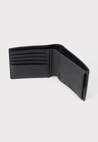 Black leather wallet with a bifold design. Features six card slots, one larger slot, and smooth texture with stitched edges.
