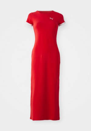 Red maxi dress made of smooth fabric. Short sleeves with white trim. Features a small logo on the chest. Fitted design, floor-length.