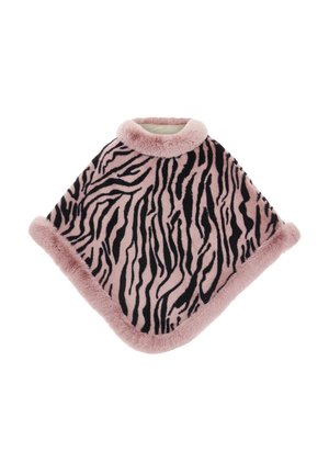 Vaaleanpunainen tekoturkisponcho, jossa on musta zebrakuvio, pehmeällä pyöreällä kauluksella ja ylellisellä reunapinnalla.
