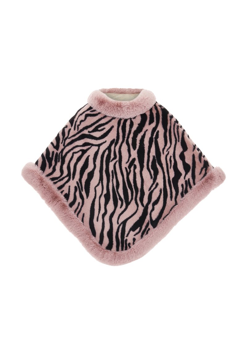 Poncho din blană artificială roz, cu un model de dungi zebra negre, având un guler moale și rotunjit și o margine pufoasă de-a lungul marginilor.